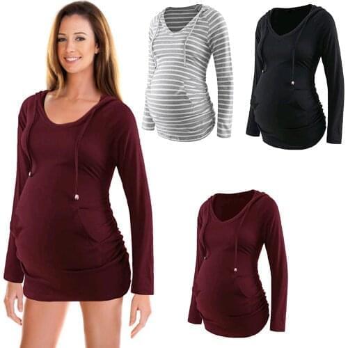 Woman Maternity Hoodie Long Sleeves Shirt Casual Vneck Top Pregnancy Sweatshirt Tunics Mom Pregnant Nursing Winter Warm Blouse