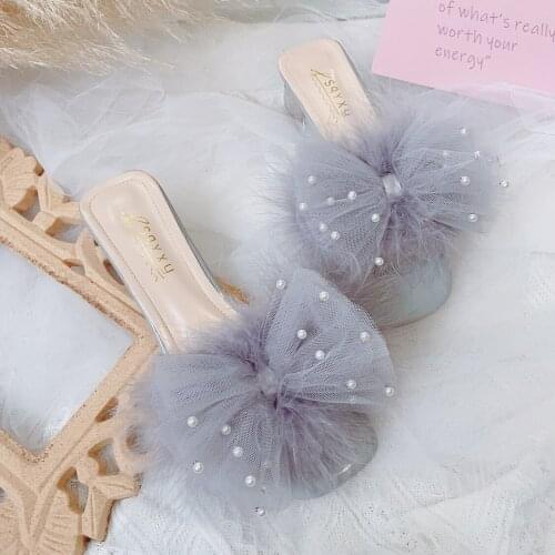 New Summer Women Original Fairy Yarn Feather One Word Cool Middle Heel 3-5cm Crystal High Shoes Dream Lace Gentle Wear Slippers