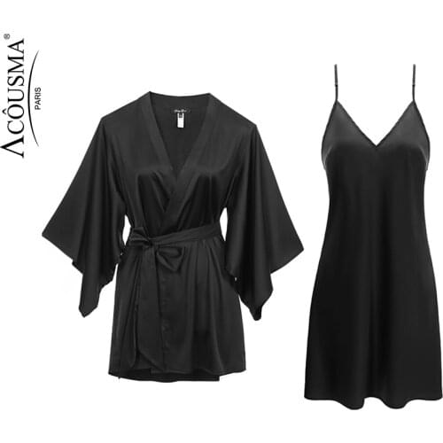 2019 Women Robe & Gown Sets Sexy Sleep Satin Night Dress Silk Pijama Long Sleeve Ladies Nightwear Bathrobe Night Dress