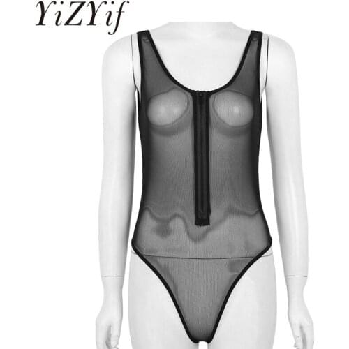 Women One piece Teddy Babydoll Bodysuit See Through Sheer Mesh Lingerie Deep U-neck Sleeveless Front Zippered High Cut Leotards