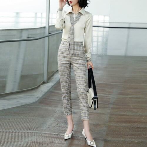 Women 2 Piece Suit Wear Spring Long Sleeve Shirt Top And Plaid Pencil Pants Sets Loose Casual Office Lady Ladies Trousers Set