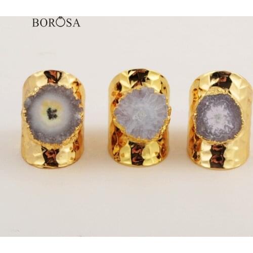 BOROSA 1Pcs Natural White Solar Quartz Druzy Gold Ring Women Fashion Flower Quartz Adjustable Rings Party Rings Jewelry CL249