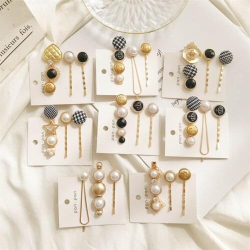 3 Pieces/Set Cute Artifial Pearl Crystal Button Black Gold Bobby Hairpins Round Circle Heart Star Headwear for Women