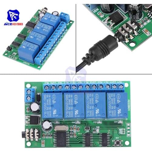 AD22B04 4 Channel Relay MT8870 DTMF Tone Signal Decoder Remote Control Relay Module 12V DC for PLC Smart Home with 3.5mm Cable