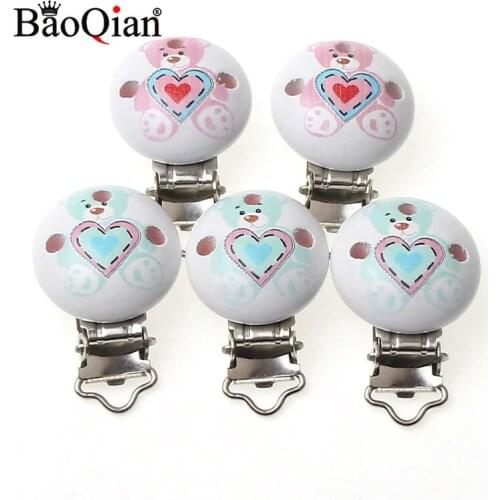 5Pcs Wooden Metal Baby Pacifier Clips For Holders Round Clasps Suspender Children Garment Accessories 29x45mm