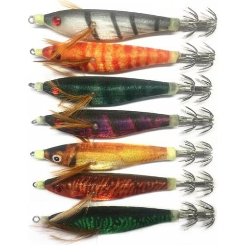 7Pcs Luminous Wood Shrimp Squid Jigs Hard Bait 10CM 10G Artificial Jigging Fishing Lure Squid Lure For Cuttlefish Octopus