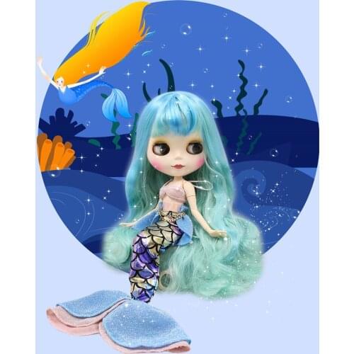Blyth 1/6 doll mermaid princess combination fishtail outfit bule mix green hair face joint body with hand set AB as gift BJD