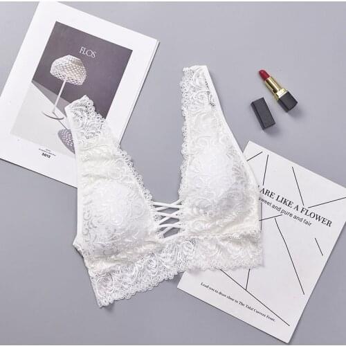 Women Deep V Back Cross Wirefree Underwear Lace Bralette Sexy Camisoles Tank Top Lingerie Brassiere
