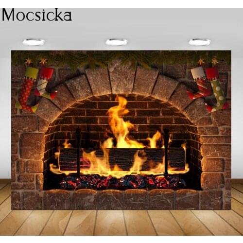Mocsicka Christmas Backdrop for Photography Old Stone Fireplace Christmas Socks Fire Sweet Home Party Photo Background Potocall