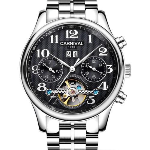 Carnival Mens Multifunction Dial Steel Watchband Automatic Self-Wind Mechanical Watch Wristwatch - silver bezel black dial
