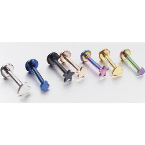 2Piece 16G 1.2x8x3mm Stainless Steel Labret Rings Heart Star Internally threaded Lip Ring Tragus Earring Body Jewelry