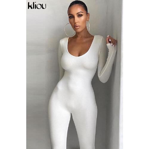Kliou Autumn Solid Stretchy Bodycon Jumpsuits Women Slim Casual Skinny Streetwear Active Fitness Sporty Work Out Rompers
