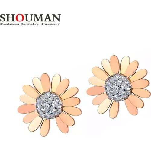 SHOUMAN Small Sunflower Crtystal Stuid Earrings Stainless Steel Trendy Plant Jewelry for Girl Women