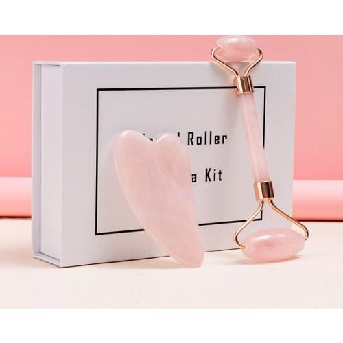 Natural Rose Quartz Face Roller Massager Facial Lifting Tightening Roller Gua Sha Board Set Body Facial Massager Instrument
