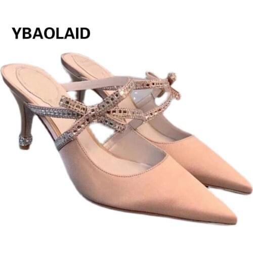 Pointed Word with Rhinestone High-heeled Half-drag Sandals Spring and Summer New Satin Bowknot Rhinestone Shallow Stiletto Shoes