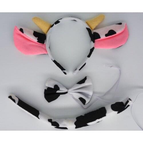 Kids Adult Milk Dairy Cattle Cow Animal Ears Headband Bow Tie Tail Halloween Costume Props Birthday Party Wedding Baby Shower