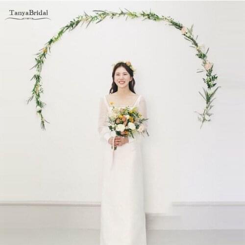 Simple Wedding Dresses 2021 Square Neck Long Illusion Sleeves Sheath Lace Up Back Bride Dress New Elegant Bridal Gowns SWD005