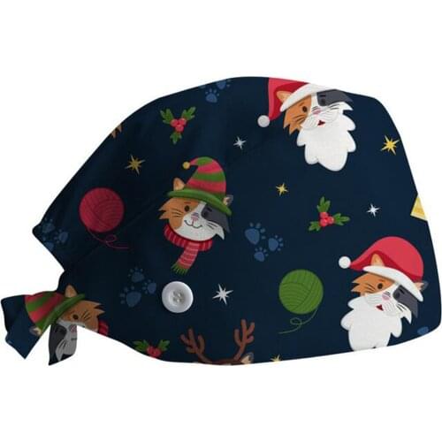 Christmas Print Working Scrub Cap With Buttons Sweatband Bouffant Turban Nurse Hats Adjustable Tie Back uniforme enfermera FL50