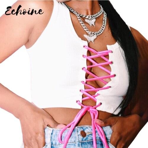 Sexy Hollow Out Women White Tank Top Drawstring Low-Neck Sleeveless Blackless Lace Up Fashion Camisole Streetwear Female Outfits