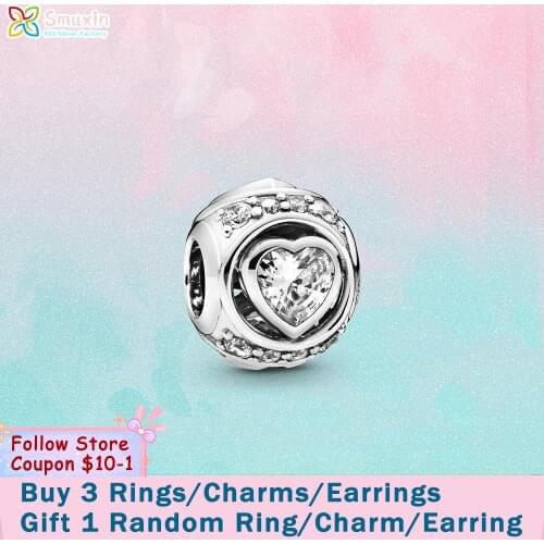 Smuxin 925 Sterling Silver Bead Elevated Heart Charms fit Original Pandora Bracelets for Women Jewelry Making Girl Birthday Gift