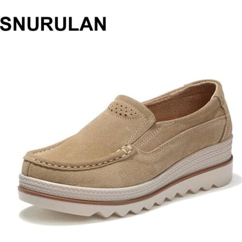 SNURULAN 2017 Autumn women flats shoes thick soled platform shoes leather suede casual shoes slip on flats creepers moccasins