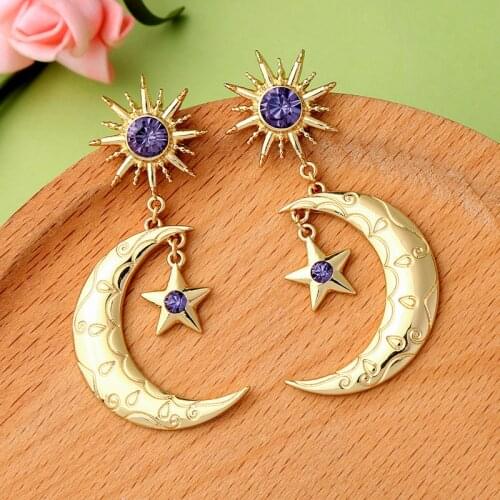 SRCOI New Punk Carved Moon Crescent Sun Star Pendant Earrings Chunky Geometric Statement Purple Rhinestone Earrings For Women