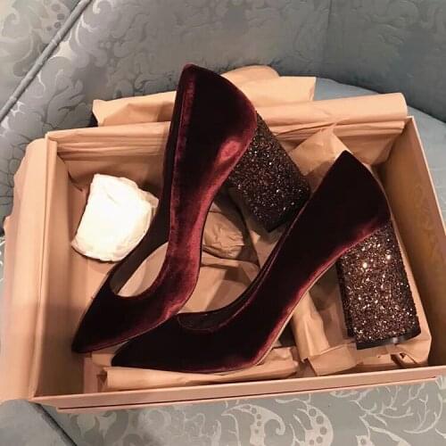 Fashion Sequined Block Heels 8cm Womens OL Office Shoes Pointed Toe Slip On Pumps 6cm High Heels Shoes Women