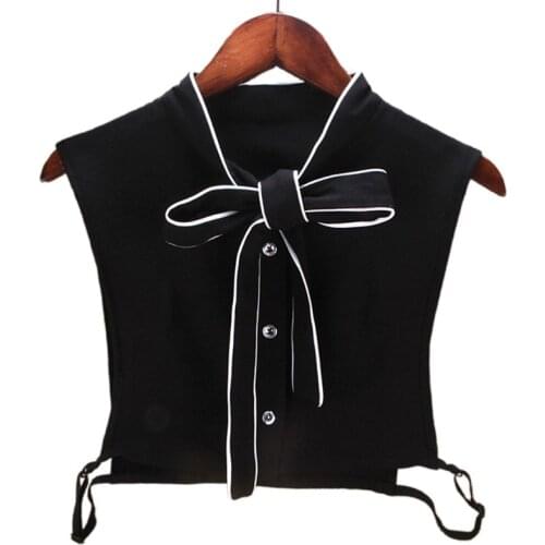 Female White Ribbon Bow Tie Fake Collar Button Down Detachable Half-Shirt