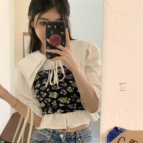 Womens Shirts White Tie Short-sleeved Shirt Female Design Sense Niche Summer New Korean Style Wild Loose Top