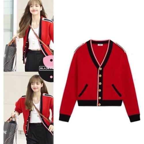 Kpop korean Celebrity red knitted Long Sleeve V-Neck hoodies women Streetwear Fashion Loose Harajuku sweatshirts female coats