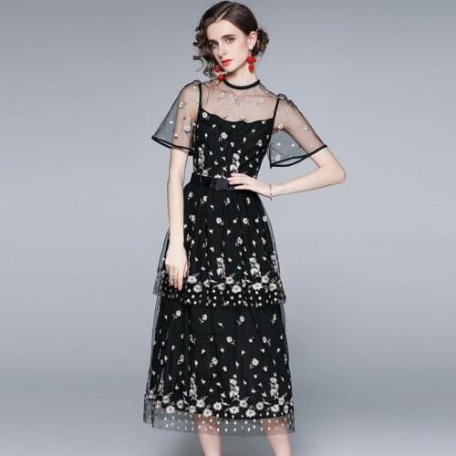 JSXDHK Elegant Designer Summer Mesh Dress Fashion Women Floral Embroidery Ruffles Short Sleeve Black Tulle Vacation Long Dresses