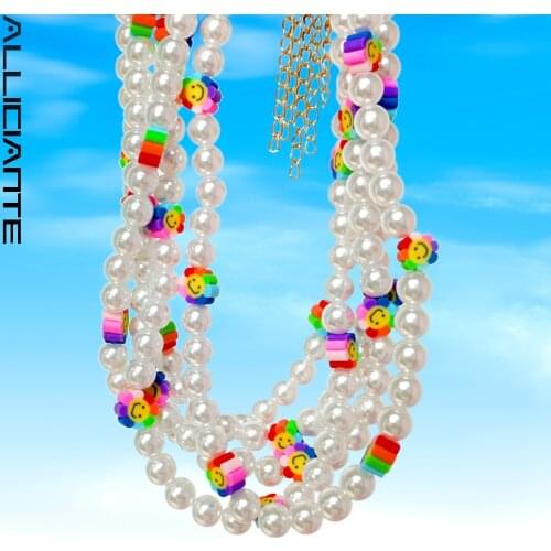 Boho Rainbow Evil Eye Smiley Pearls Beaded Necklace For Women Sunflower Heart Bead Choker Pearl Necklace collares de moda 2021