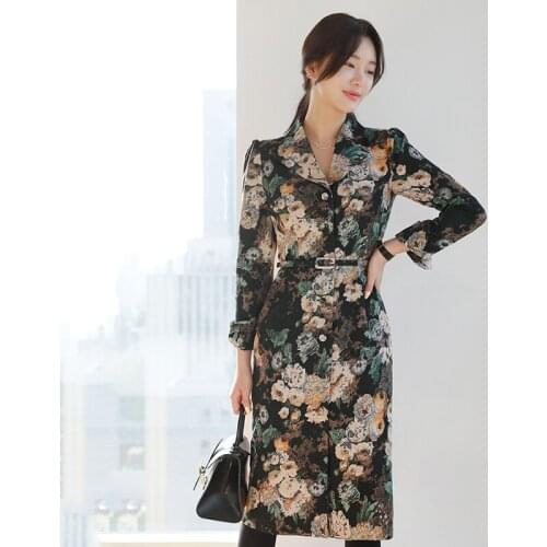 New arrival fashion spring midi dress women OL temperament profession vintage black print flower slim thin bag hip pencil dress