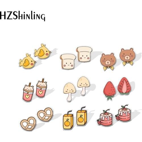 2021 New Cute Breakfast Food Stud Earring Strawberry Cake Acrylic Resin Earrings Epoxy Handmade Jewelry Gifts Girl