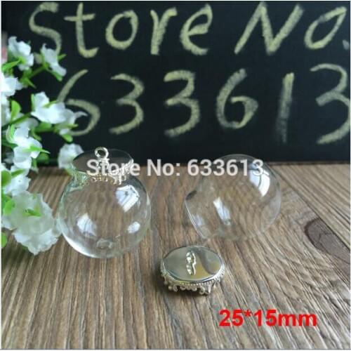 Free ship 500sets/lot 25*15mm glass globe & 15mm silver crown base with ring findings set glass bubble DIY charm vial pendant