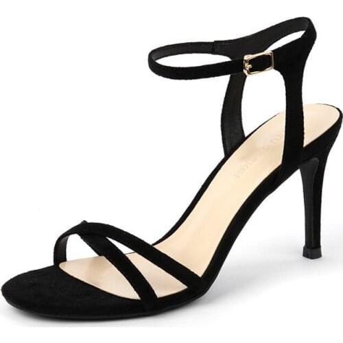 Women High Heels Sandals Shoes Woman 8.5cm Thin Heels Pumps Sandals Ladies Flock Solid Ankle Straps Casual Sexy Wedding Shoes