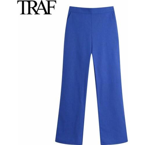Traf Za Women Clothing 2021 Spring Autumn Vintage Streetwear Wide Leg High Waist Pants Korean Fashion Chic Office Suit Trousers