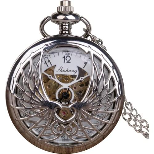 Fashion Silver Steel Hollow Mechanical Pocket Watches Double Open Skeleton Hand-winding Retro Male Clock with Pendant Fob Chain