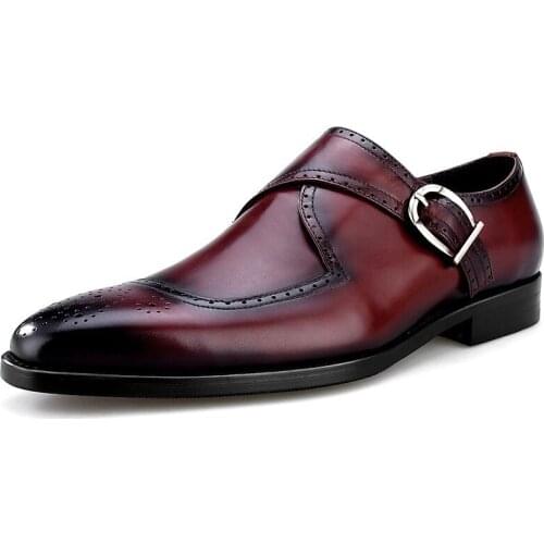 British Style Business Genuine Leather Mens Office Formal Footwear Pointed Buckle Strap Handmade Male Brogue Flats Dress Shoes