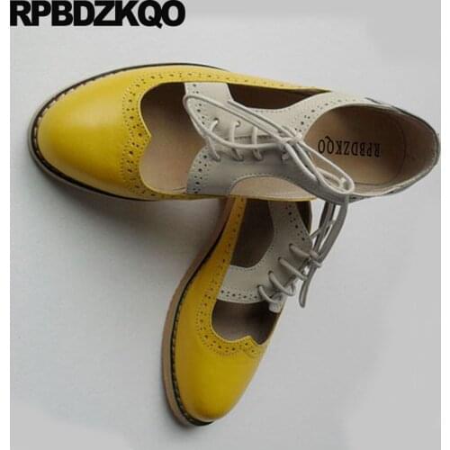 Breathable 12 44 13 lace up genuine leather brogue vintage women oxfords shoes hollow out japanese size 45 pink yellow large
