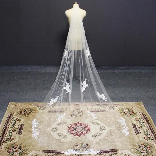 Elegant Long Wedding Veil with Lace Appliques White Ivory Soft Tulle 3 Meters Bridal Veil with Comb Wedding Accessories