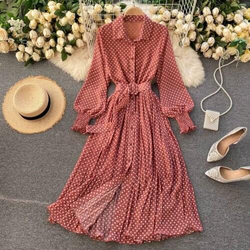French Dress Spring and Autumn new Polka Dot Dress Puff Sleeve High Waist Elegant Women Mid-calf Pleated Dress