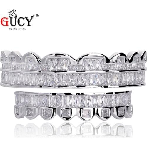 GUCY Hip Hop Teeth Grillz Top&Bottom Micro Pave CZ Grills Dental Vampire Teeth Grill Caps Mouth Jewelry Silver Color Halloween