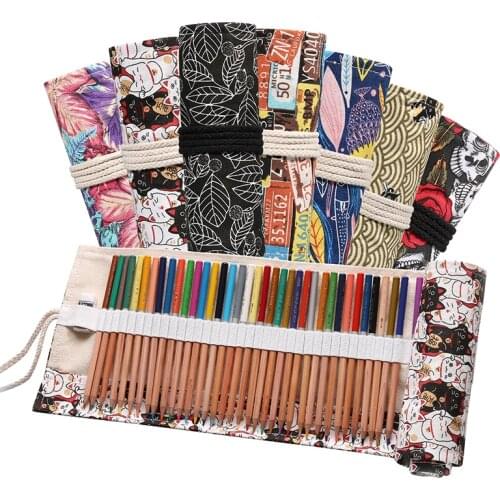 36 Holes Canvas Pencil Case Cat School Supplies Art Pen Bag Pouch Wrap Roll Makeup Cosmetic Brush Pen Student Storage Stationery