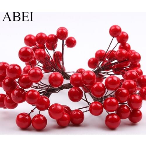 100pcs 10mm Double Heads Red Cherry Artificial Foam berries Stamens Flower Bouquet For Wedding Christmas Decoration DIY Wreath
