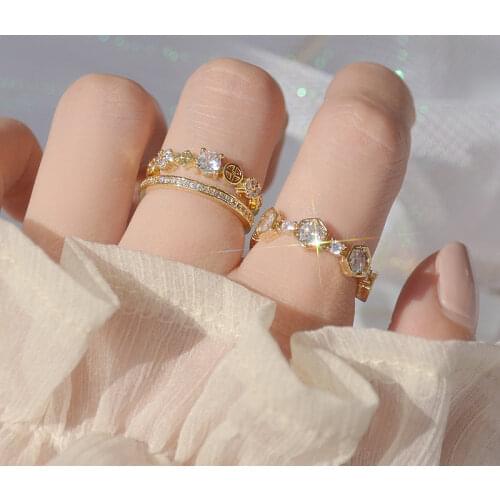 Delicate Jewelry 14K Gold Plated Adjustable Crystal Rings for Women Simple Style Geometric Rings