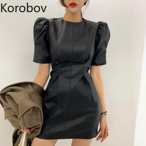 Korobov Korean Chic PU Sexy Solid Women Dress Vintage High Waist O Neck Vestidos Chic Elegant Puff Sleeve Dresses 79601