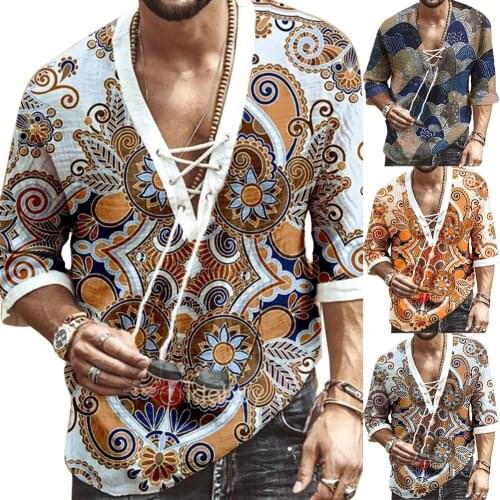 Men Fashion Half Sleeve V Neck Floral Print Chest Lace-up Shirt T-shirt Top
