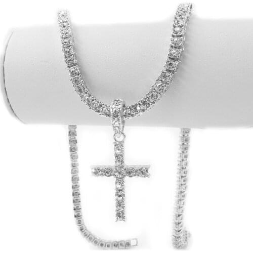 16 inch women chokers necklace with cross charm religion jewelry mens hip hop 1 row tennis chain iced out rapper rock singer