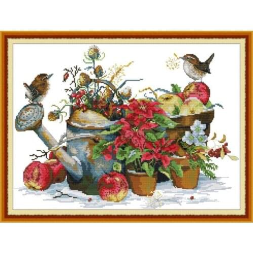 Flower pot and birds cross stitch kit aida 14ct 11ct count print canvas cross stitches needlework embroidery DIY handmade